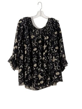 Women’s Black Floral Peasant Tunic with Cream Print